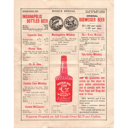 c1900 Alfred Moog's Special Mail Order Liquor Catalog Leaflet Pensacola FL AD6