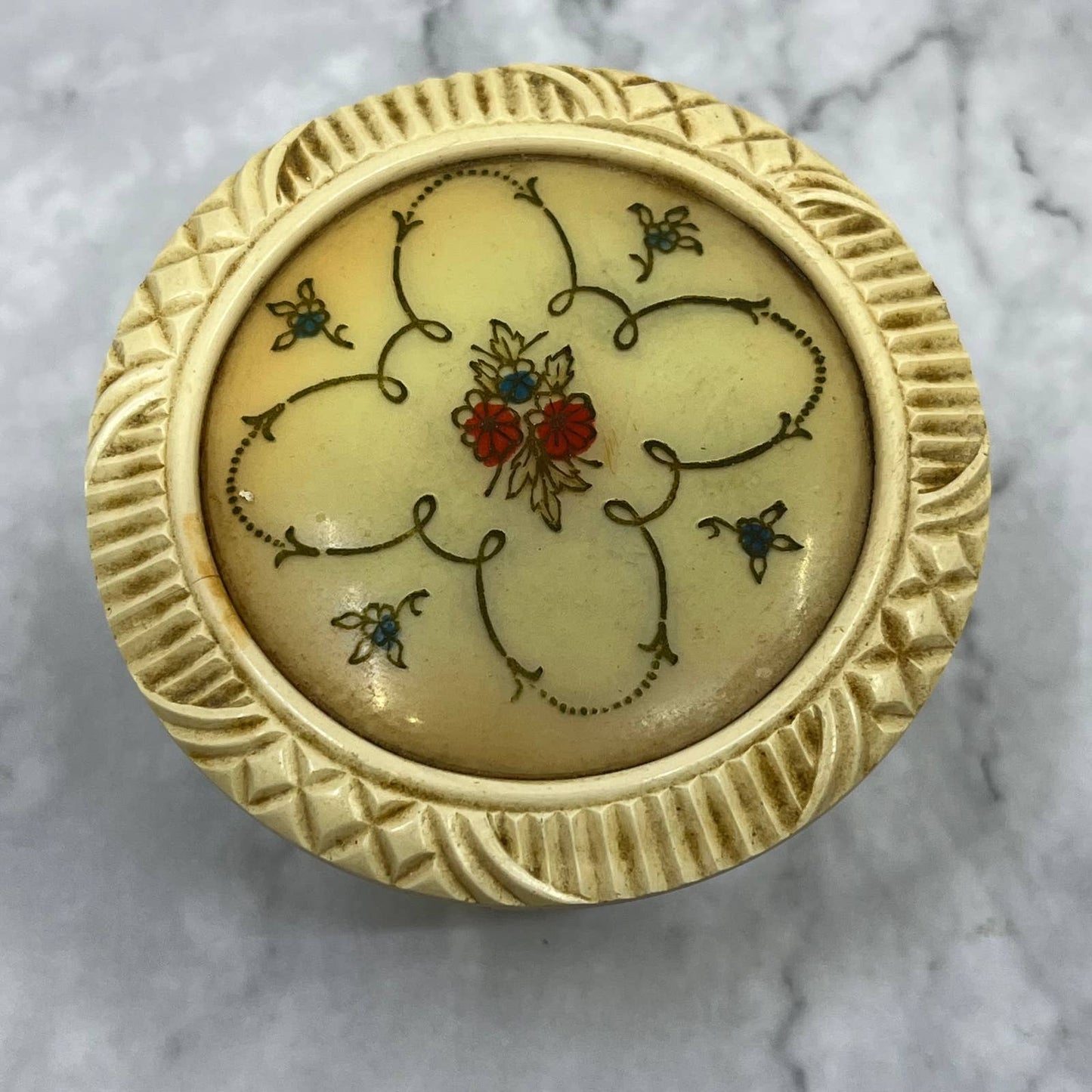 Antique Art Deco Celluloid Powder Box Tulip Floral Vanity Glass Jar Flowers TE4