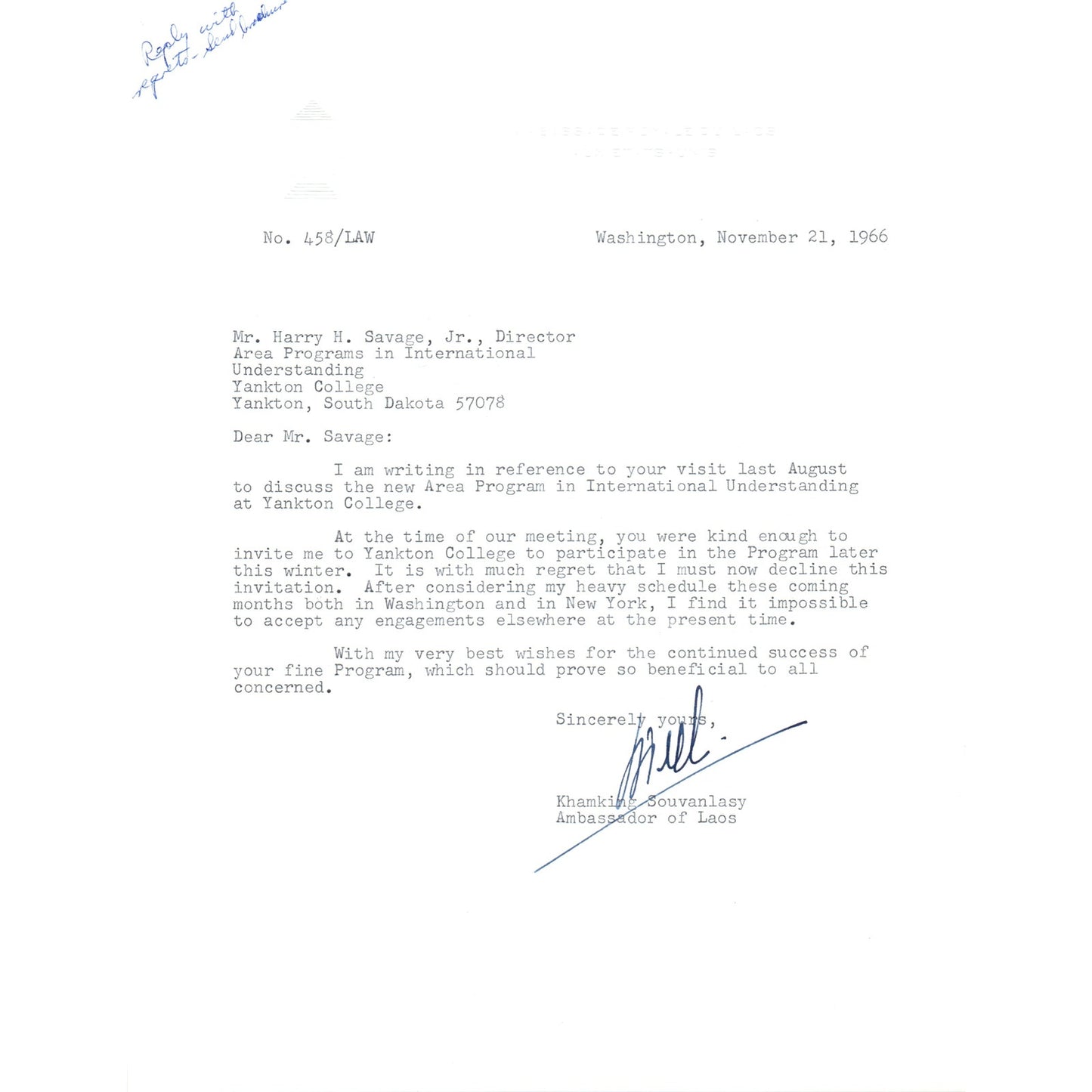Laos Ambassador to the US Letterhead Memo Khamking Souvanlasy 11/21/66 B14