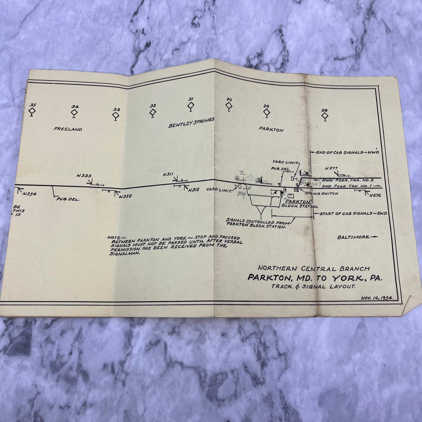 1954 Northern Central Parkton MD To York PA Railroad Track & Signal Layout EA4