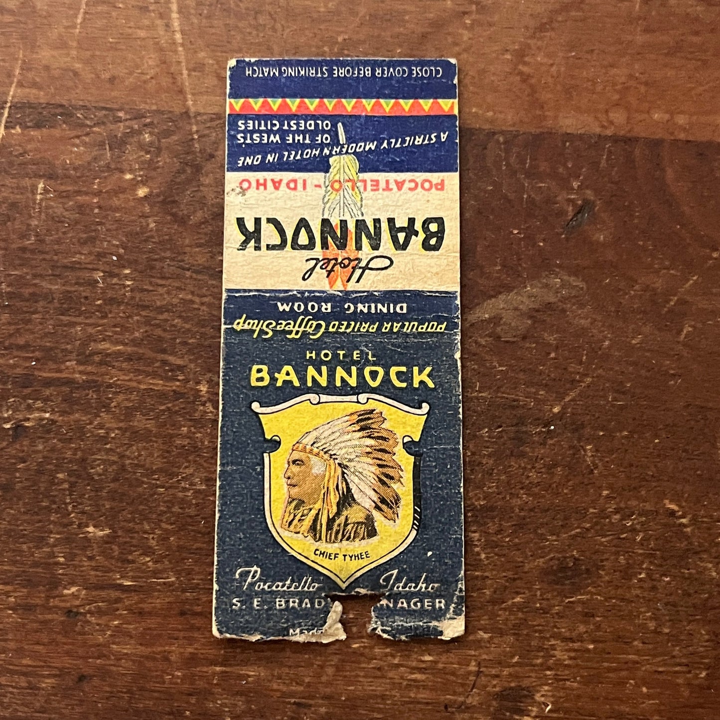 Hotel Bannock Pocatello Idaho Chief Tyhee Advertising Matchbook Cover MM9-3