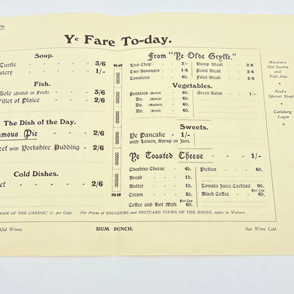 1957 Ye Olde Cheshire Cheese Restaurant Menu Fleet Street London England FL3