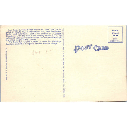 Vintage Postcard Lost River Caverns Lost Cave Hellertown PA TD8-P2