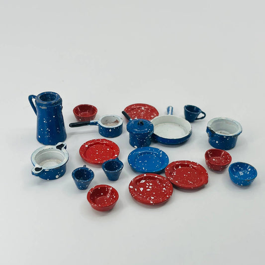 Miniature Red and Blue Graniteware Enamel Dishes Cookware 19pc Toy Dollhouse SB4