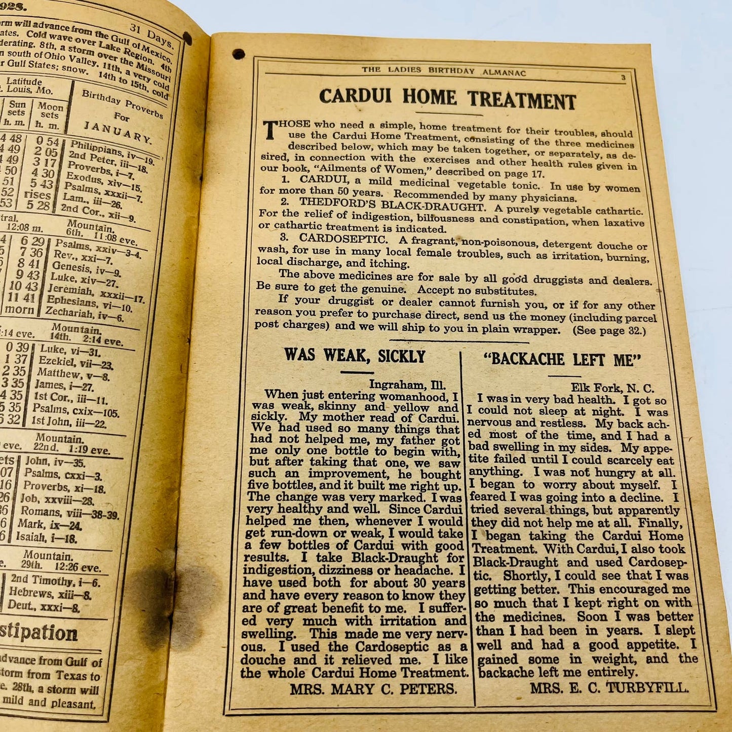 1928 Ladies Birthday Almanac Quack Medicine Thedford’s Black Draught Cardui C10