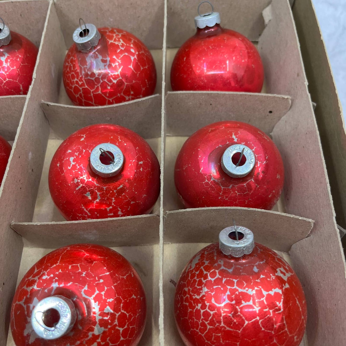 American Made 12 Vintage Mercury Glass Ornaments With Original Box Red 2 7/8"