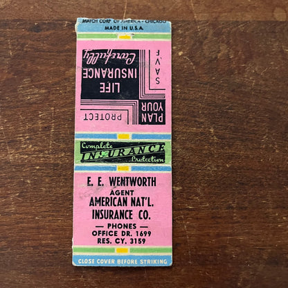 E.E. Wentworth American Nat'l Ins. Co. Advertising Matchbook Cover SB3-M5