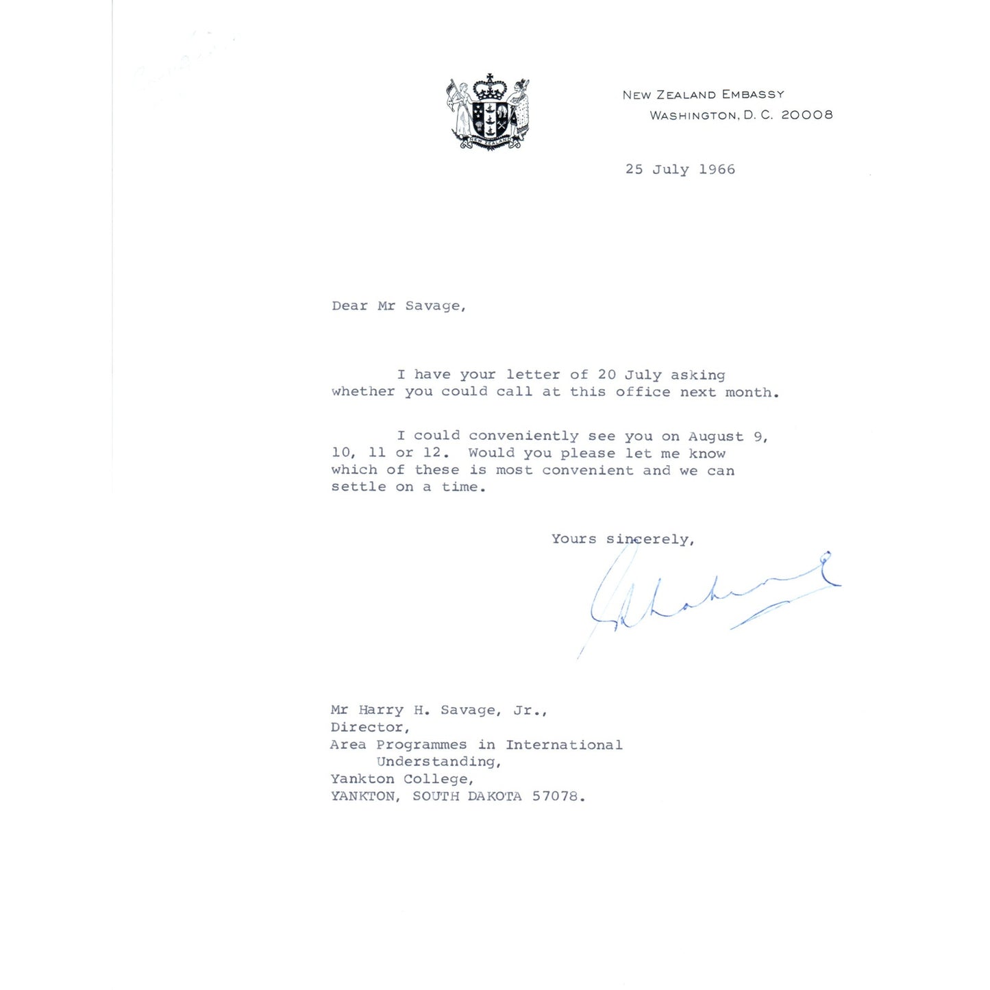 The New Zealand Embassy Official Letterhead Memo July 25 1966 B9