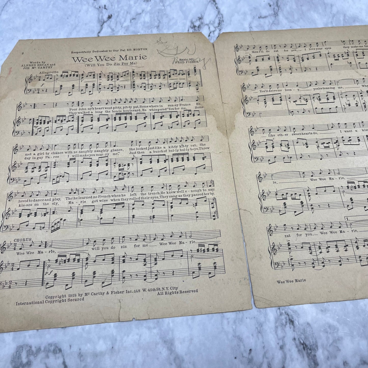 Antique 1918 Wee Wee Marie Will You Do Zis For Me Sheet Music Fred Fisher V41-3