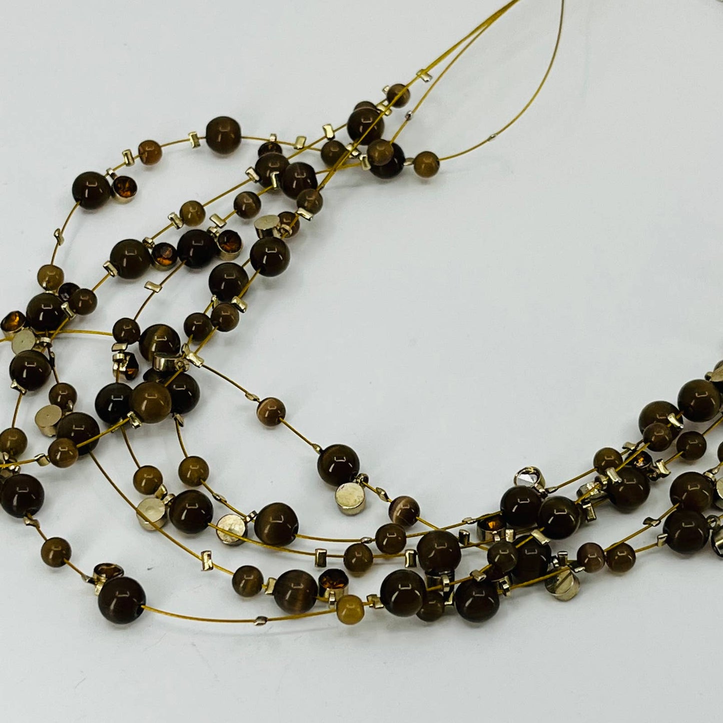 Vintage MCM Layered Brown Bead & Rhinestone Gold Tone Necklace SB2