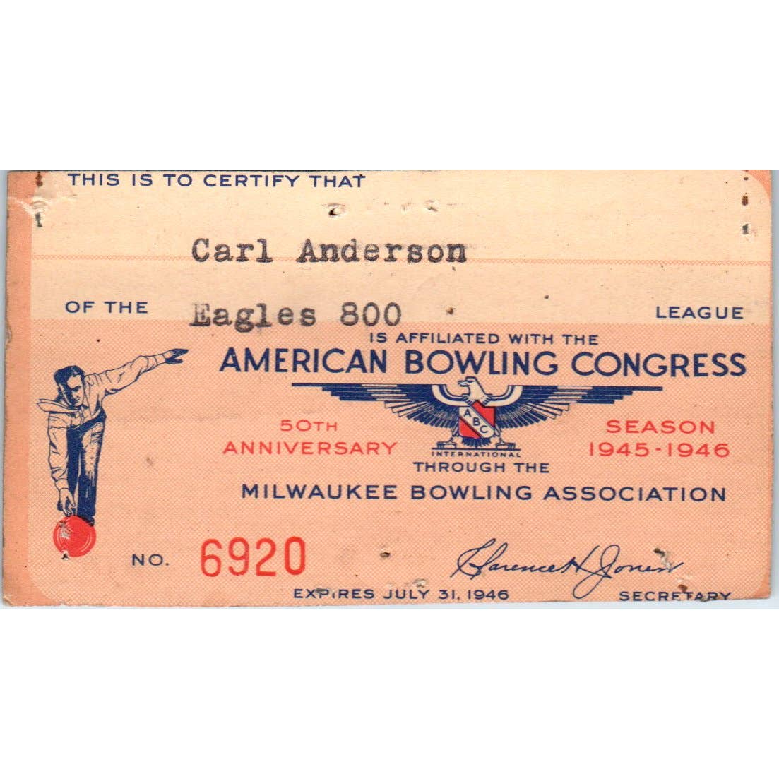 1945 American Bowling Congress Milwaukee Membership Card Eagles 800 SE5-27