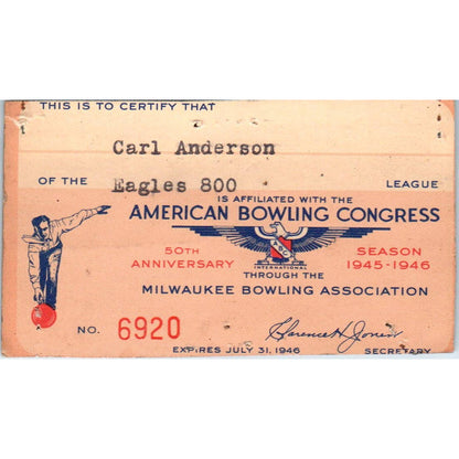 1945 American Bowling Congress Milwaukee Membership Card Eagles 800 SE5-27