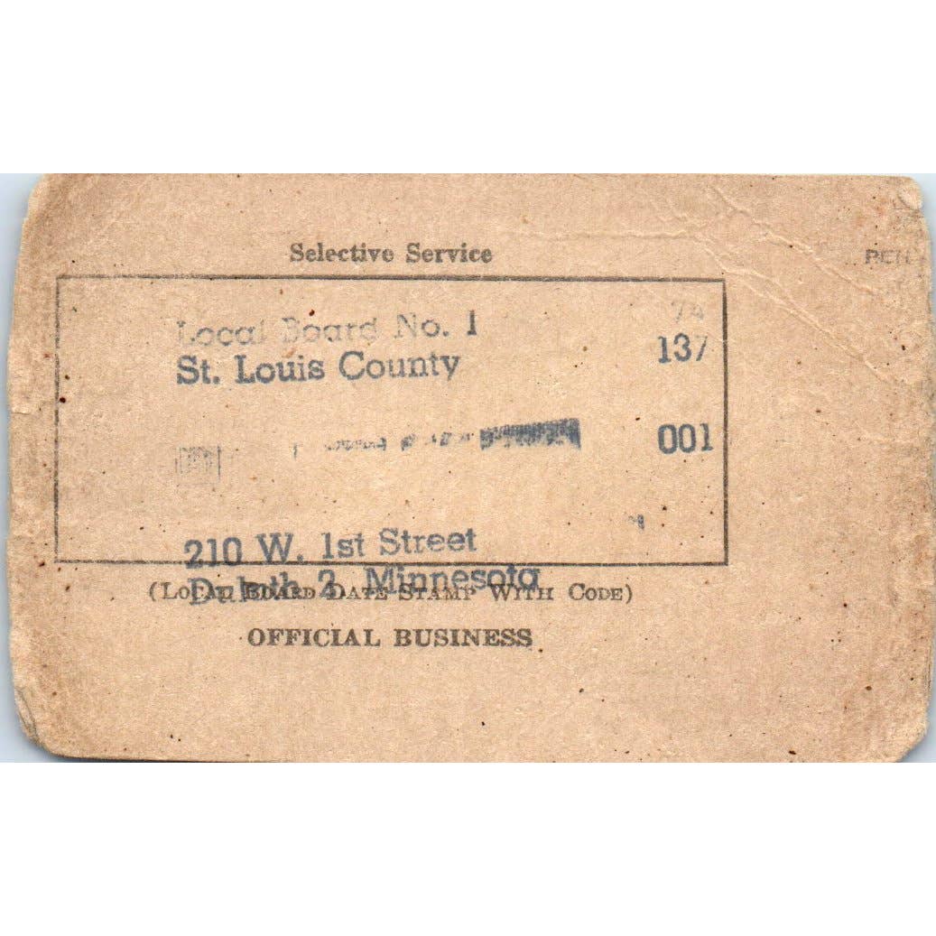 1945 WWII Selective Service Card Kenneth Joseph Brown St. Louis County MN EA3