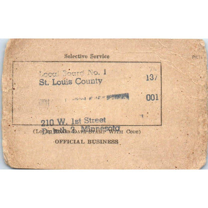 1945 WWII Selective Service Card Kenneth Joseph Brown St. Louis County MN EA3