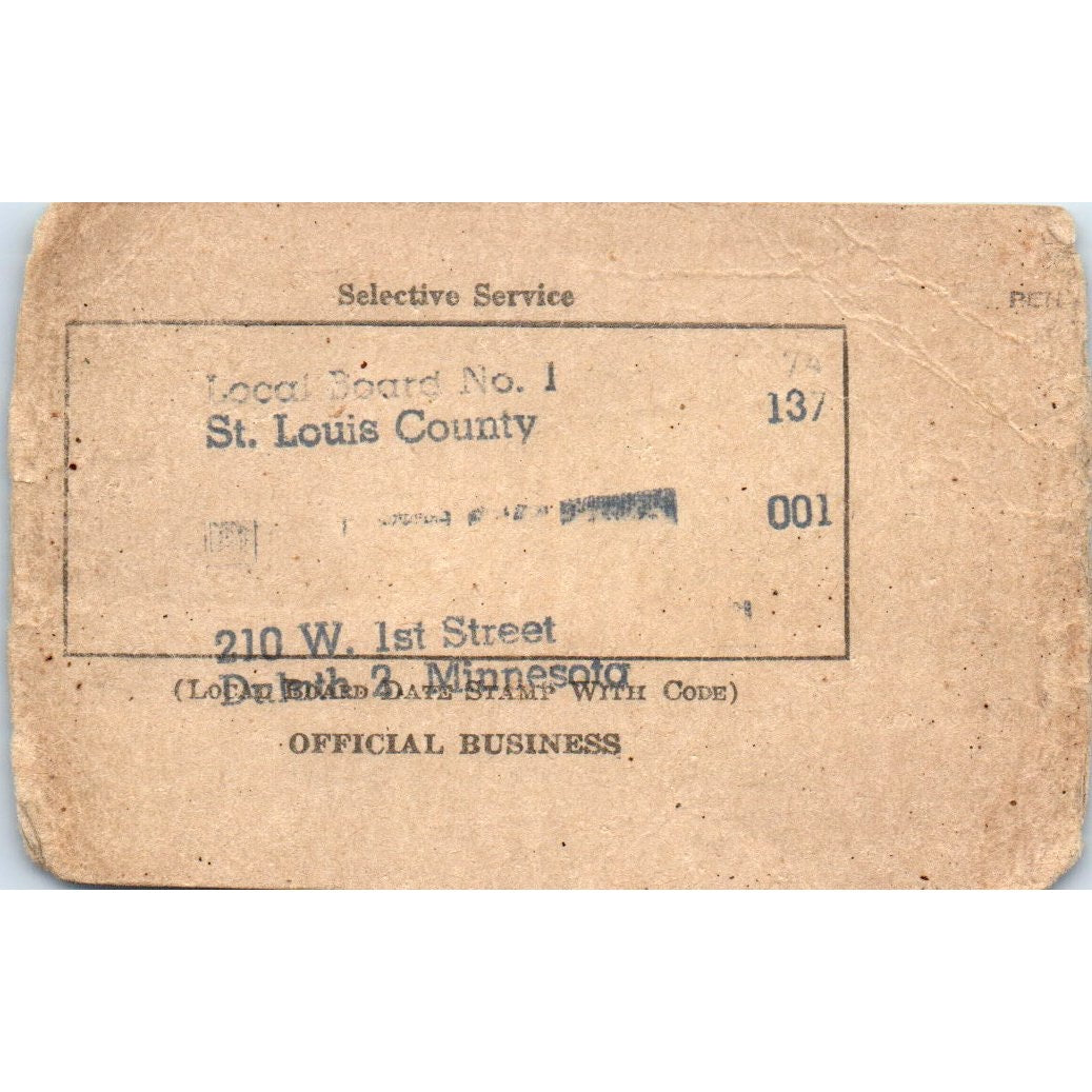 1945 WWII Selective Service Card Kenneth Joseph Brown St. Louis County MN PX2