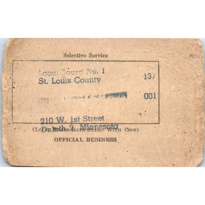 1945 WWII Selective Service Card Kenneth Joseph Brown St. Louis County MN PX2