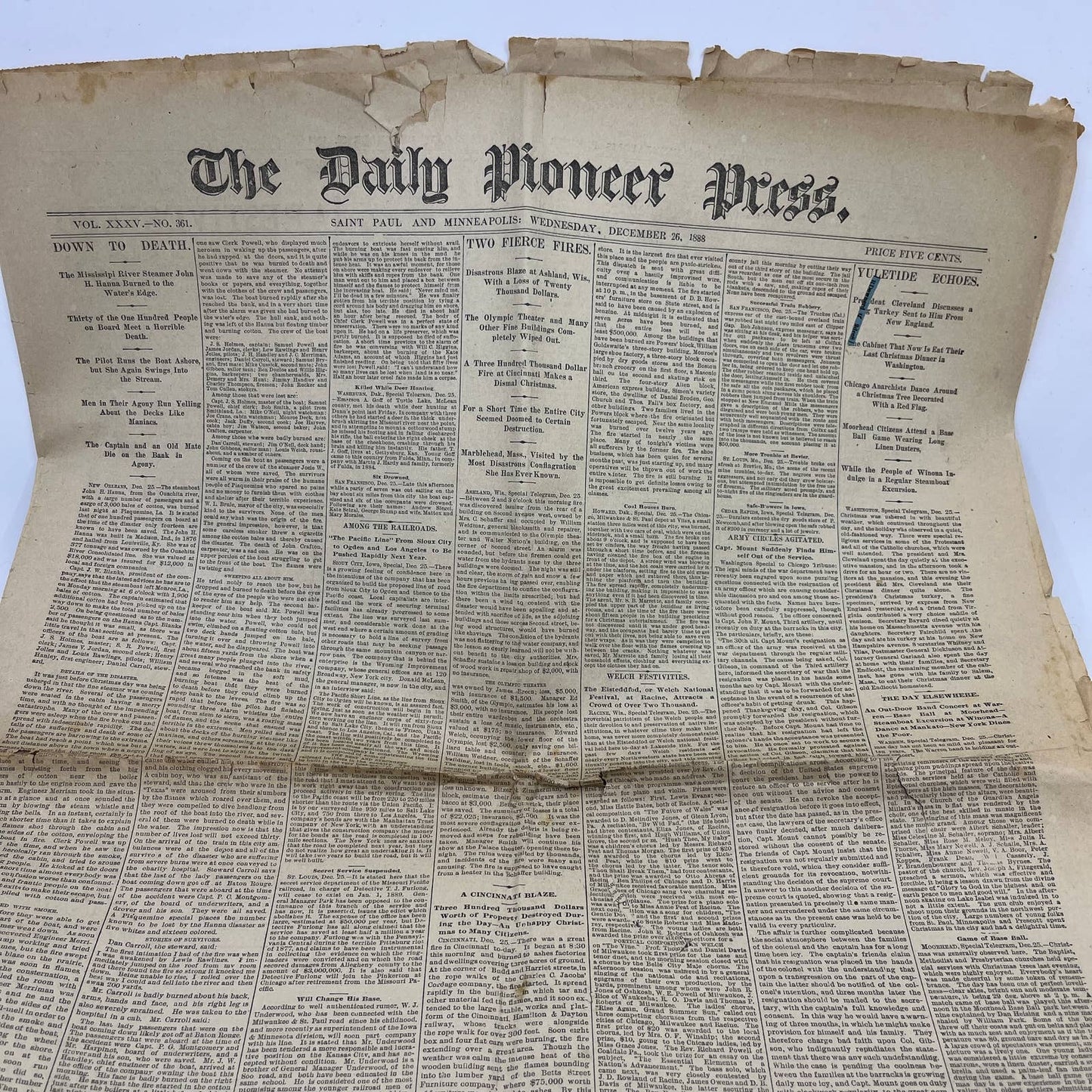 1888 Dec 26 Original St. Paul Pioneer Press - Steamer John H. Hannah Burned FL4