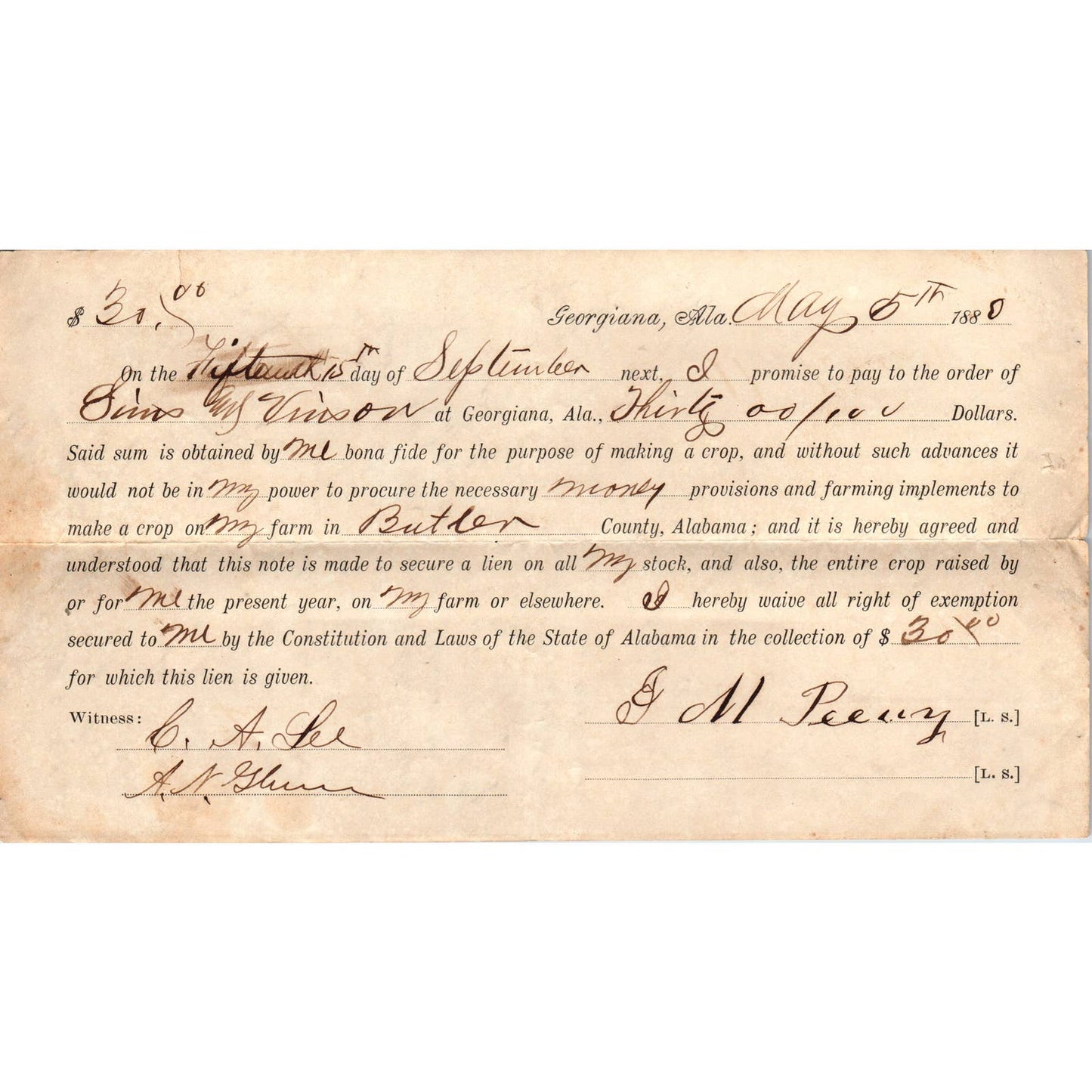 1880 Promissory Note Loan Agreement Vinson, J.M. Peavy Georgiana AL AD6