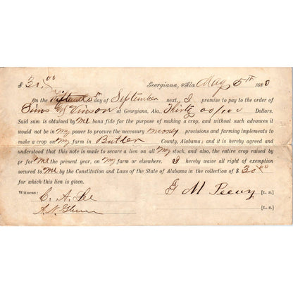 1880 Promissory Note Loan Agreement Vinson, J.M. Peavy Georgiana AL AD6