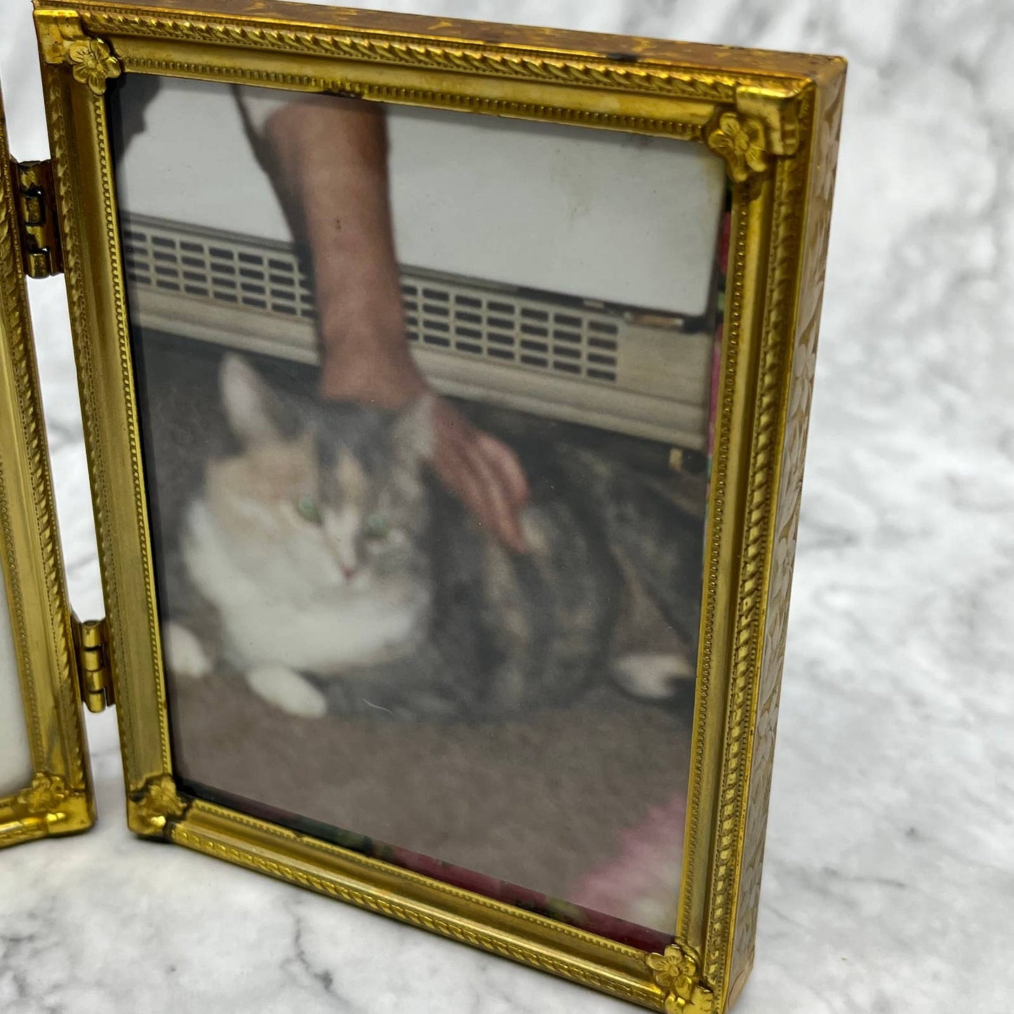 Vintage 1960s-70s Bi-fold Brass Photo Frame With Pet Cats 4.5x7 TE3