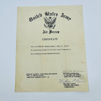 1942 WWII US Air Force Certificate Sgt Richard Burns D-8 Bombsight  TD5