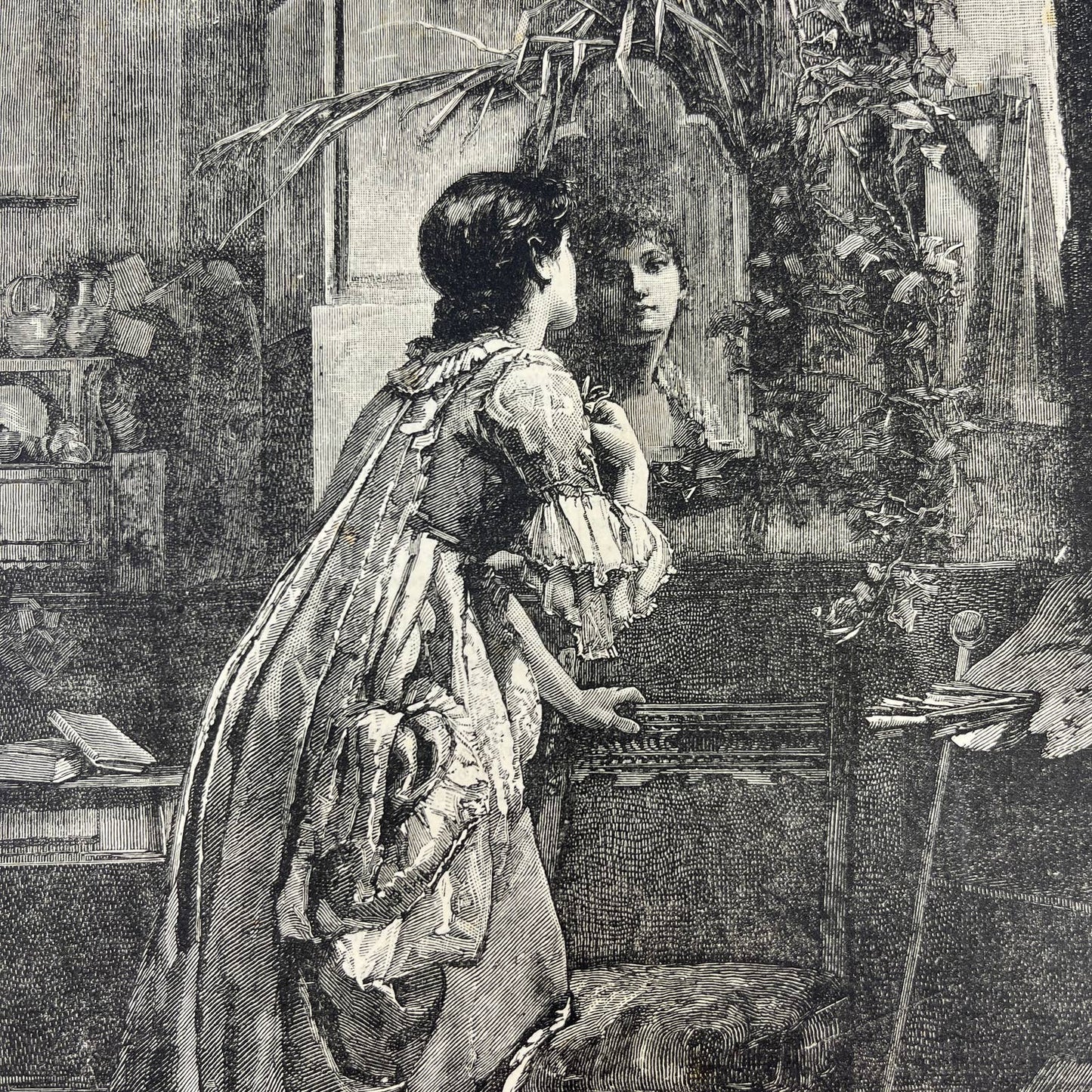 Original 1883 Engraving SEEKING AN ARTISTIC EFFECT Woman Looking Into Mirror AC8