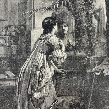 Original 1883 Engraving SEEKING AN ARTISTIC EFFECT Woman Looking Into Mirror AC8