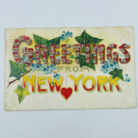 1908 Post Card Embossed Greetings From New York Forget Me Not Ivy PA8