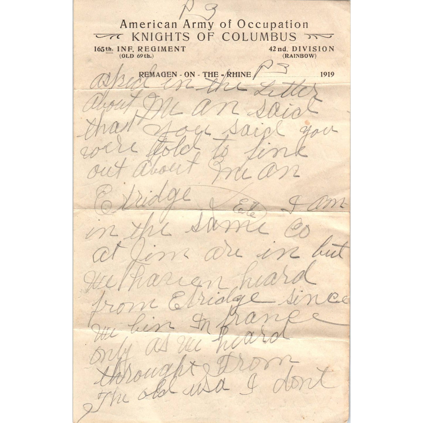 1919 WWI Letter & Envelope 165th Inf. & 42nd Division Remagen on the Rhine AD6