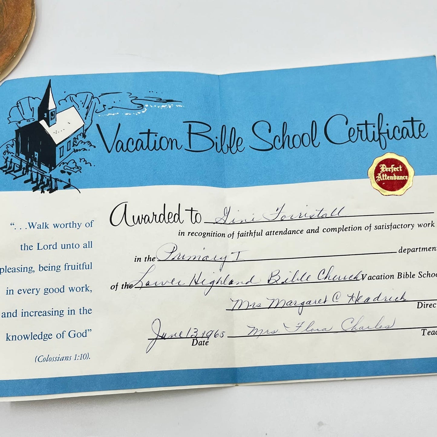 1965 Vacation Bible School Project & Certificate Lower Highland Bible Church SC6