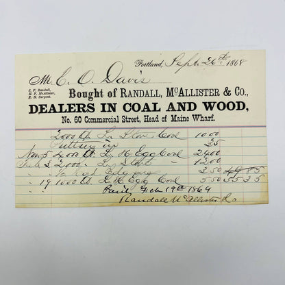 1868 Randall, McAllister & Co. Coal and Wood Portland ME Letterhead Billhead AA5