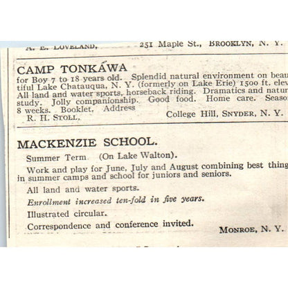 c1920 Harper's Magazine Ad Quinibeck Camps Anna A. Dodge South Fairlee VT EA3-2