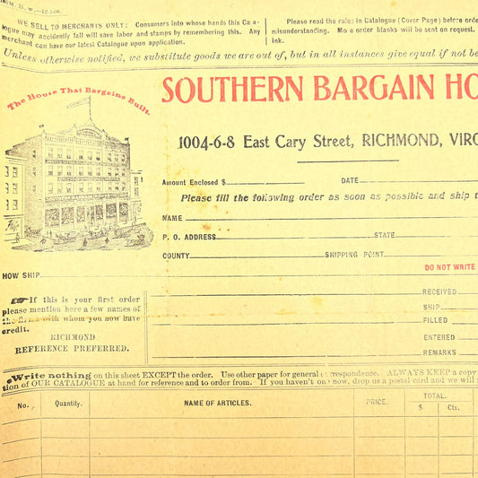 1900 Southern Bargain House Letterhead Billhead Receipt Richmond VA AB9