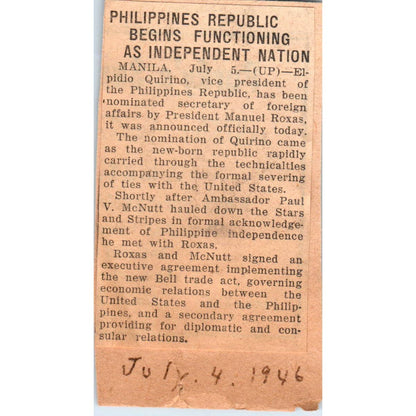 1946 Newspaper Clip - Philippines Republic Functioning as Independent Nation EA3