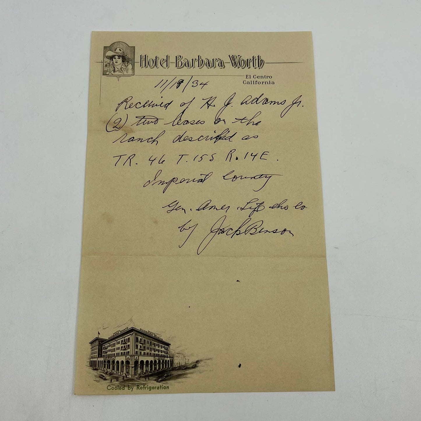 1934 Hotel Barbara Worth El Centro CA Letterhead Note Historic AA6