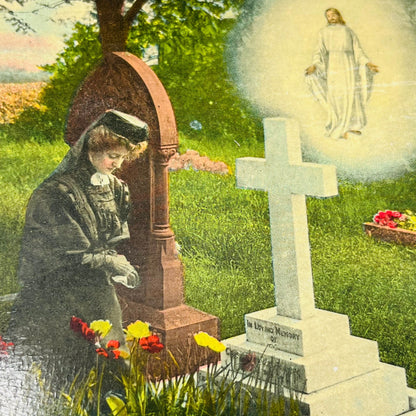 1910s Post Card Christian Victorian Tinted Widow Graveyard Jesus PA6