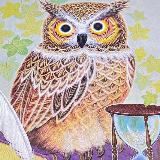 1973 Kitschy Donald Art Co. Owl With Hourglass Lithograph K Chin 9 x 12” FL3