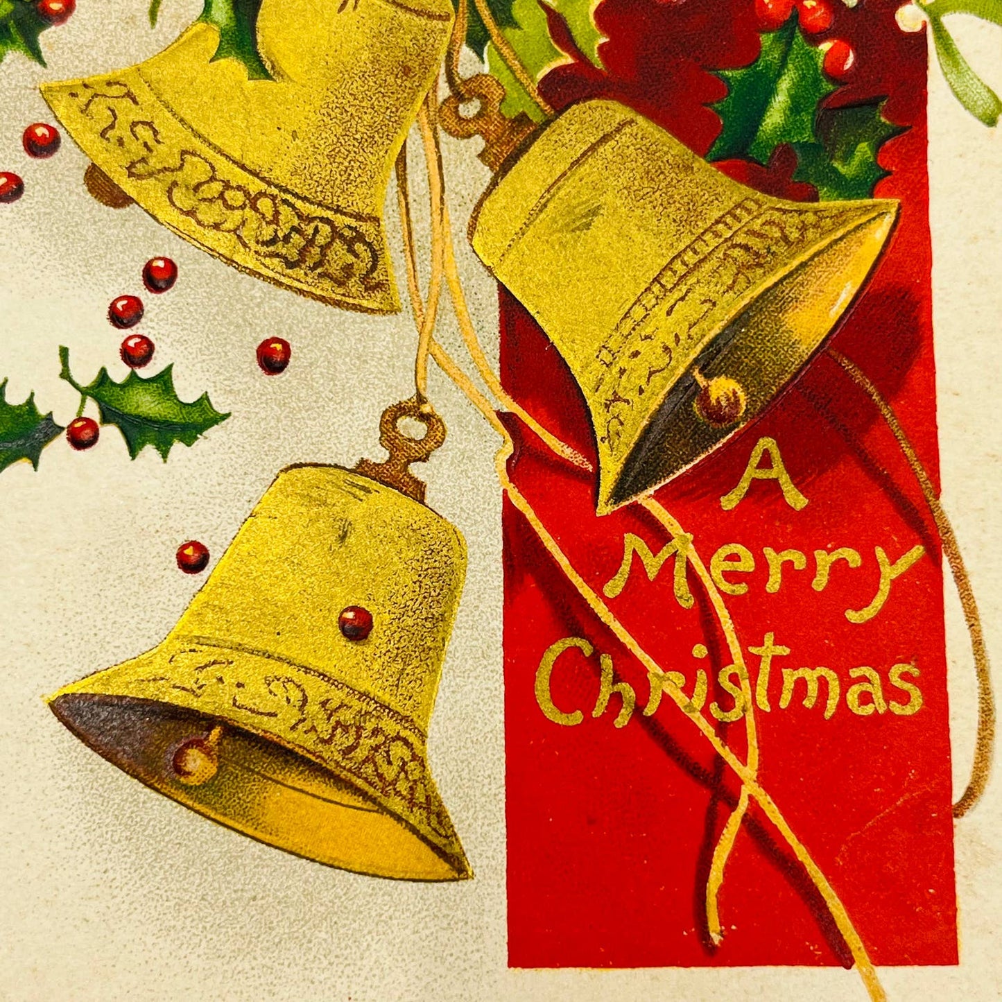 1910s Christmas Post Card Embossed Bells Holly Ellen Clapsaddle PA4