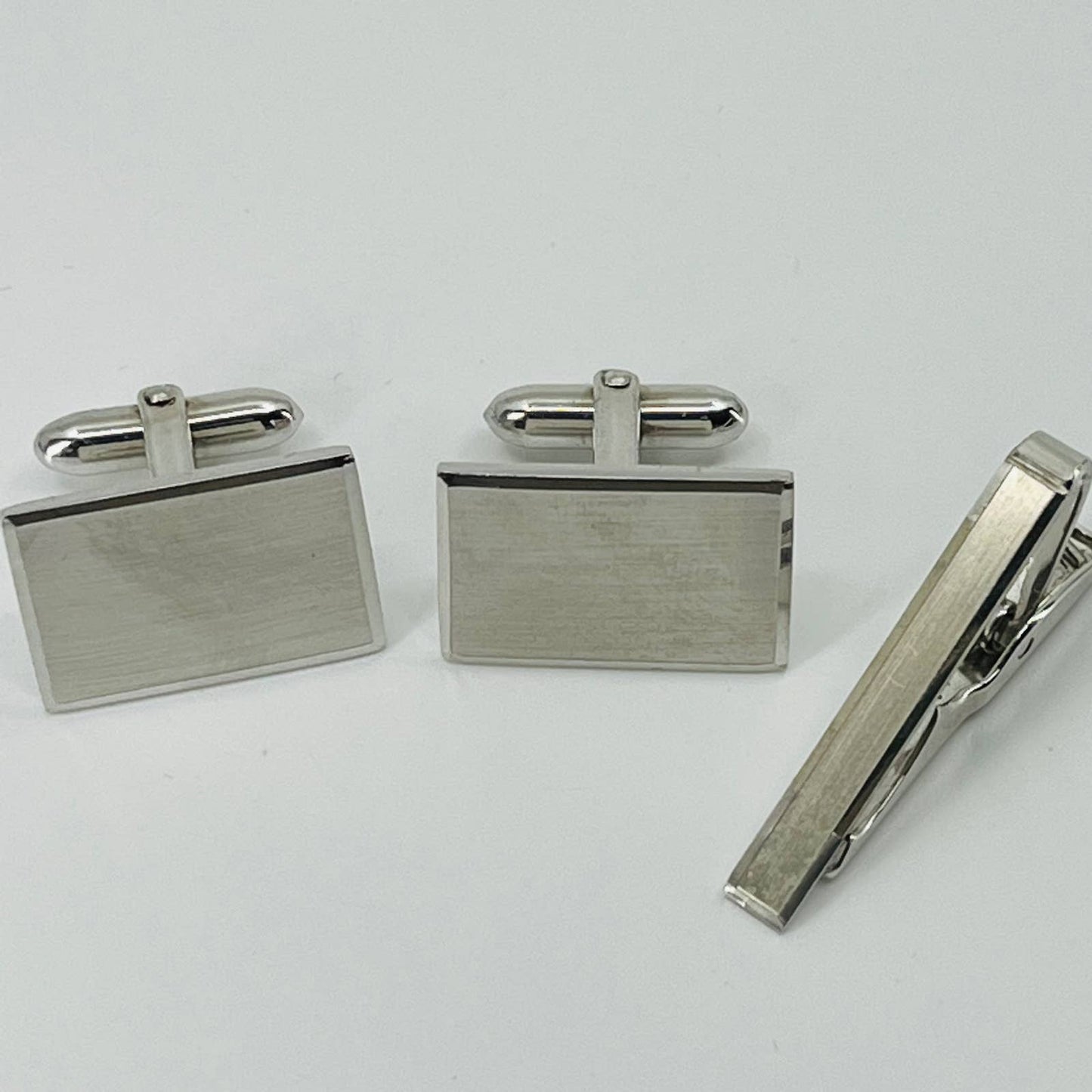 Vintage MCM Chrome Brushed Cufflinks & Tie Clip Set SB2