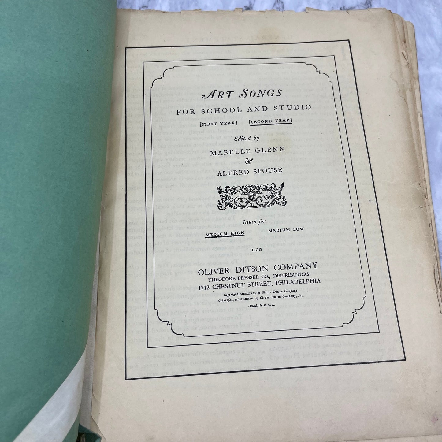 1934 Art Songs For School And Studio; Second Year; Medium Low Glenn & Spouse V39-1