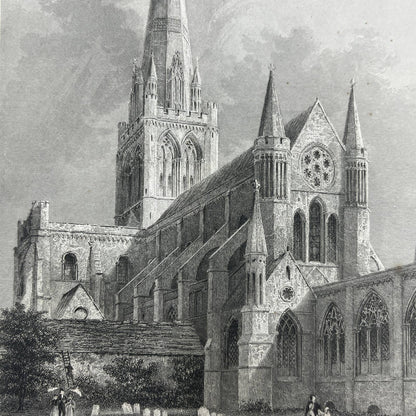 1836 Original Art Engraving Chichester Cathedral South East View AC4