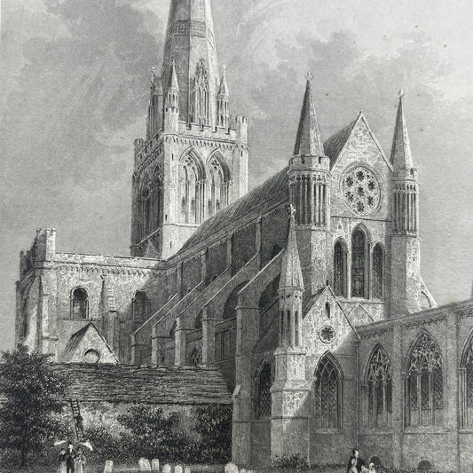 1836 Original Art Engraving Chichester Cathedral South East View AC4