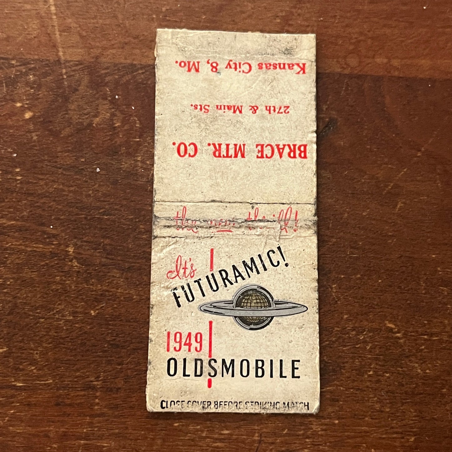 1949 Brace Motor Co Oldsmobile Kansas City Advertising Matchbook MM9-3