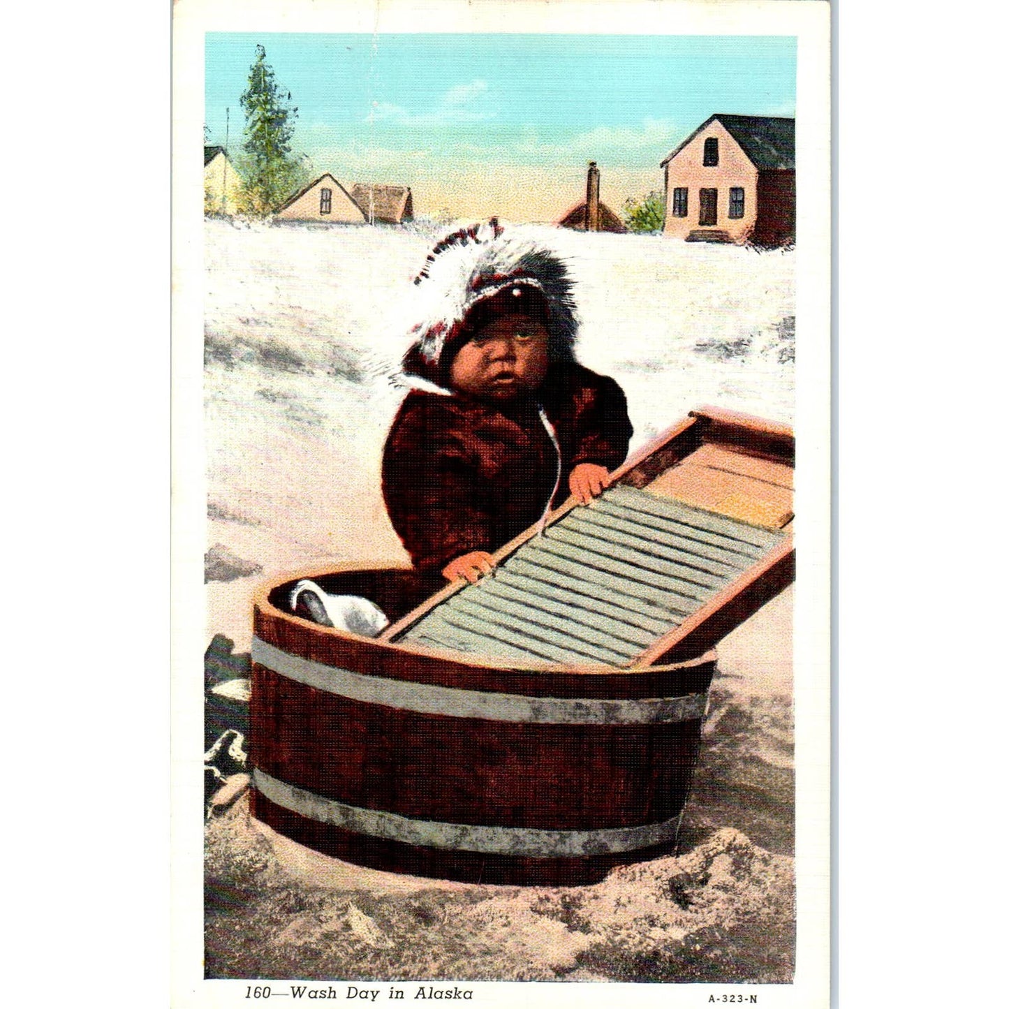 Native Eskimo With a Washboard Alaska Original Postcard TK1-30