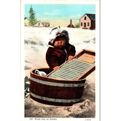 Native Eskimo With a Washboard Alaska Original Postcard TK1-30