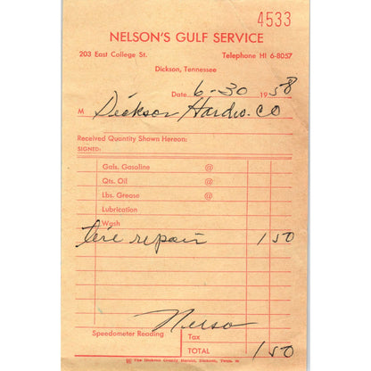 1958 Nelson's Gulf Service Billhead Receipt Dickinson TN SE8