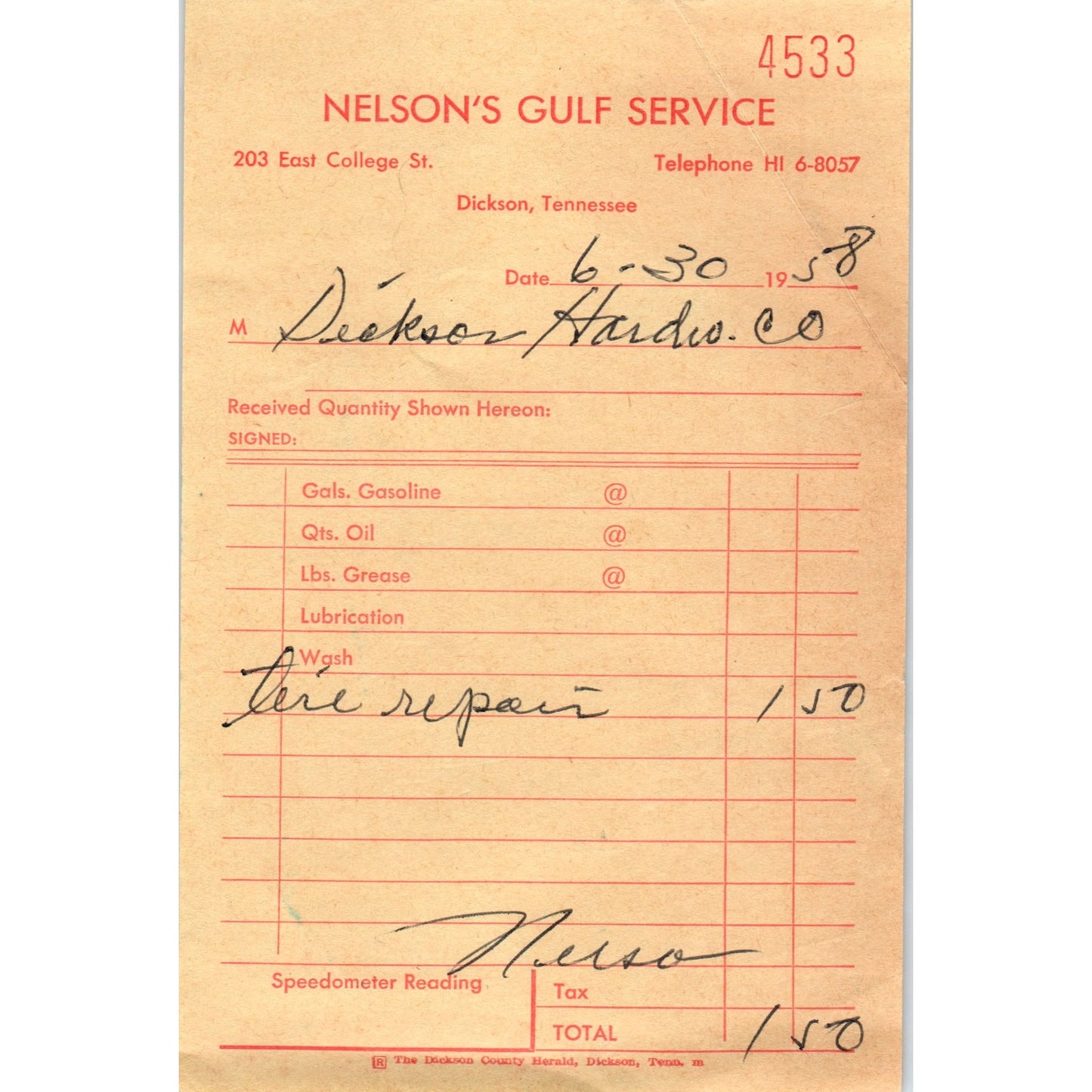 1958 Nelson's Gulf Service Billhead Receipt Dickinson TN AK3-6