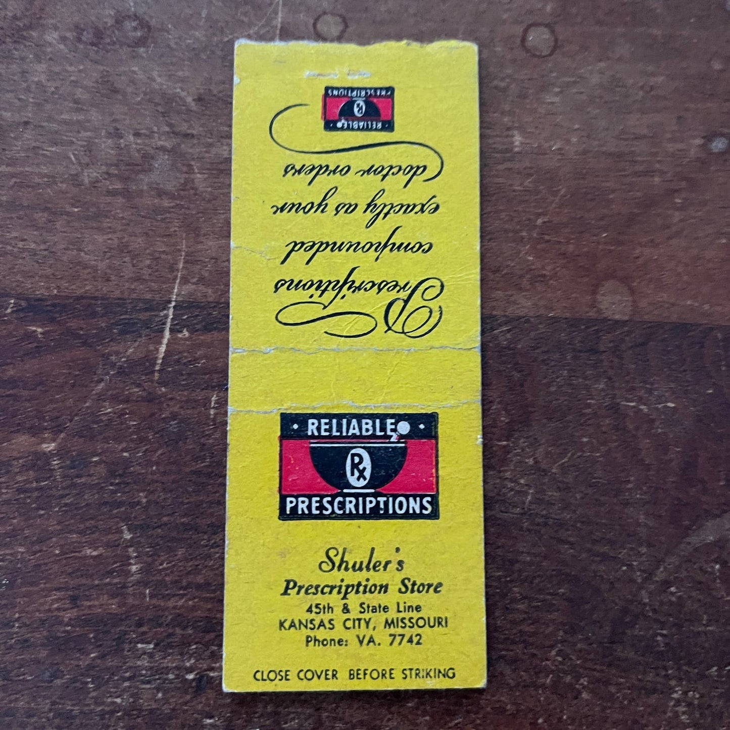 Shuler's Prescription Store Kansas City MO Advertising Matchbook Cover SB3-M2