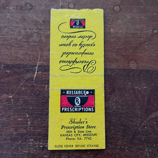 Shuler's Prescription Store Kansas City MO Advertising Matchbook Cover MM11-6