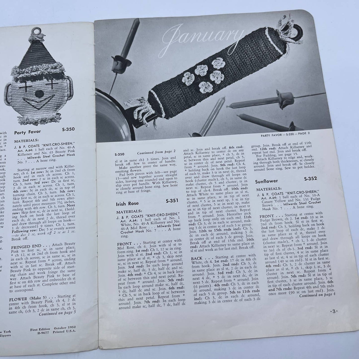 1952 Pot Holders Crochet Book #294 Kitchen SUNFLOWERS Ladybug DUCK Turtles TH7